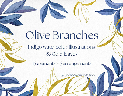 Olive branches | Indigo watercolor & gold leaves
