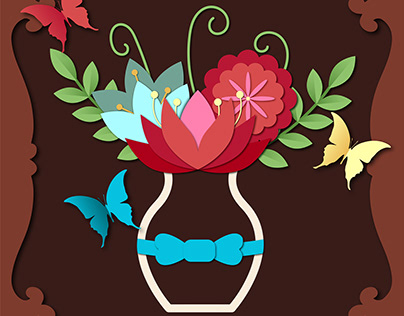 Vase of flowers and butterflies in cut paper style