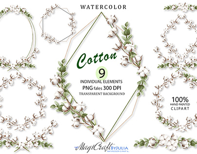Watercolor Cotton wreath PNG Clipart, Hand drawn cotton