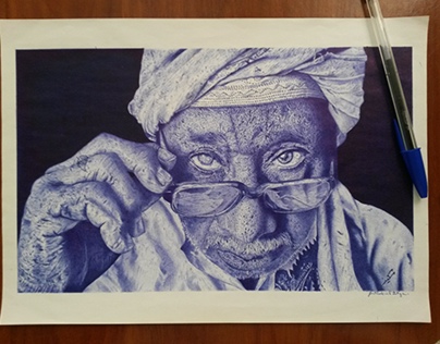 "Old age" with blue bic cristal pen 21x29.7 cm