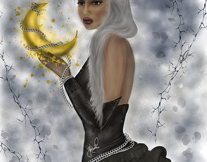 Goddess in black dress holding the moon