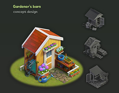 Gardener's barn. Isometric building design concept.