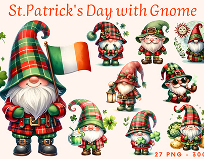 St.Patrick's Day with Gnome, Watercolor, Clipart