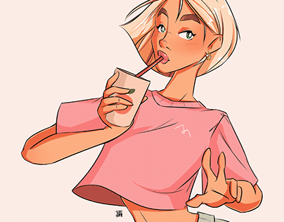 Summer girl drinks apple juice