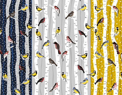 Surface Pattern design - Birds in (snowy) birchwood