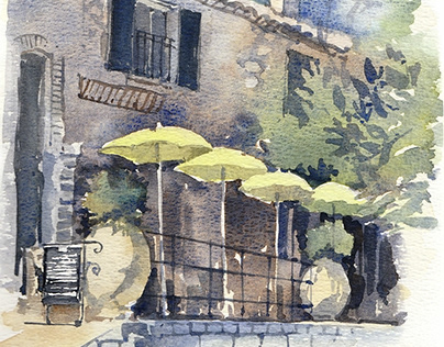 Yellow umbrellas. Watercolor Sketch.