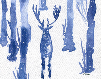 Reindeers in a snowy forest illustrations