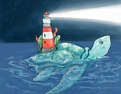 sea turtle with a lighthouse
