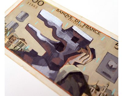 "Plague" and "Edoll" - acrylic paintings on money bills