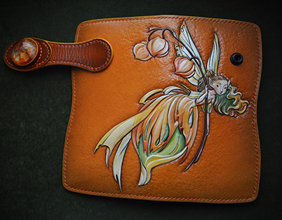 Lantern Fairy. Long leather wallet with physalis concho