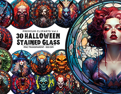 30 Stained Glass Halloween Clipart V1