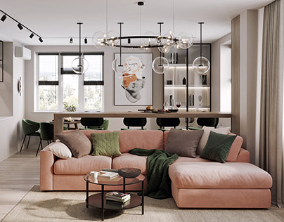 Apartment with peach and green accents