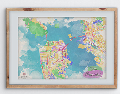 A digital watercolor map of San Francisco, USA