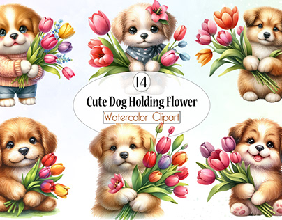 Cute Dog Holding Flower Clipart