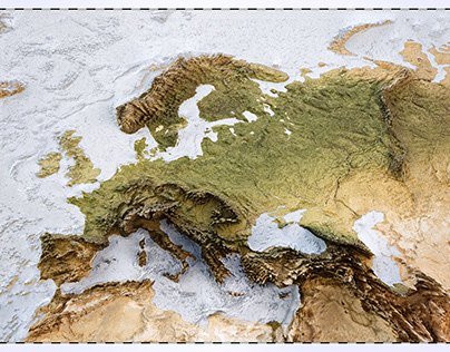 3D map of the Europe, exaggerated EU topographic relief
