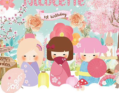 Kokeshi japanese doll birthday theme design