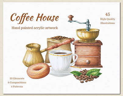 Coffee House. Hand painted acrylic illustrations