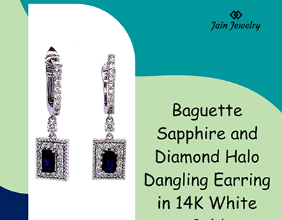 Baguette Sapphire and Diamond Halo Dangling Earring