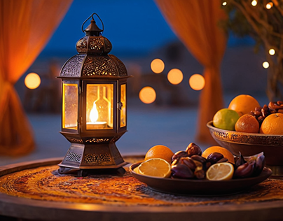 Arabian lamp lantern and delicious arabian foods