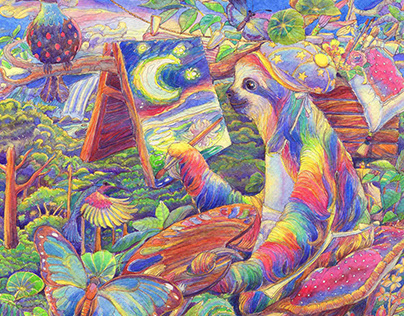 Children's book illustration of the artistic sloth