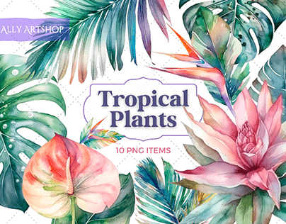 Tropical Plants Watercolor Clipart Set