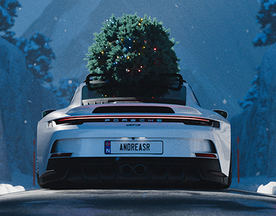 Skier Over Porsche 992 with Christmas Tree