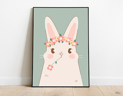 Little cute rabbit with flowers on his head. Vector