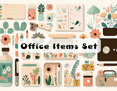 Knolling Office Items Set Watercolor