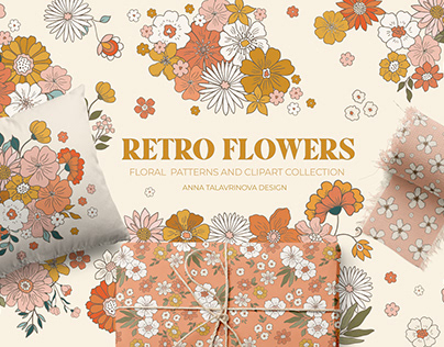 Retro flowers groovy pattern and clipart