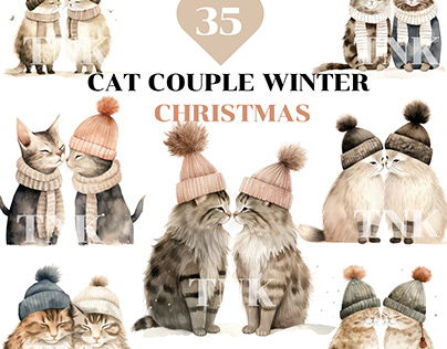 Cat Couple Winter Christmas PNG Clipart
