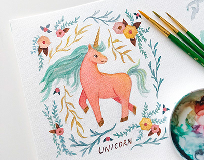 Floral Folk Art Inspired Painting of Una the Unicorn