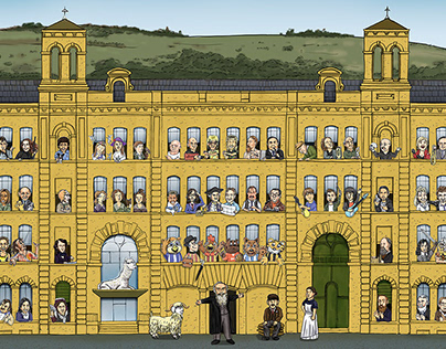 Salts Mill Yorkshire characters illustration