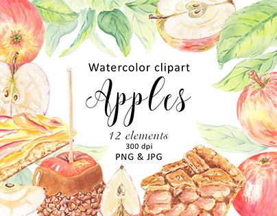Watercolor Clipart Apples Pie Cake