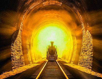 Historical creation of an old tunnel with a steam train