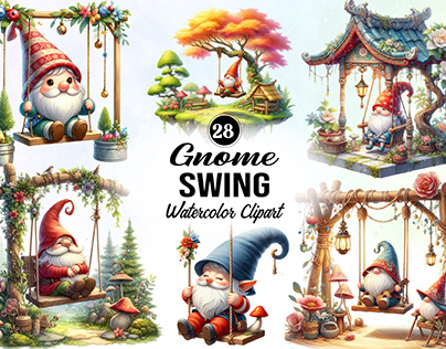 Swing Gnome Watercolor Clipart