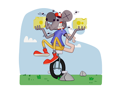 3D illustration. Crazy mouse with cheese on a unicycle