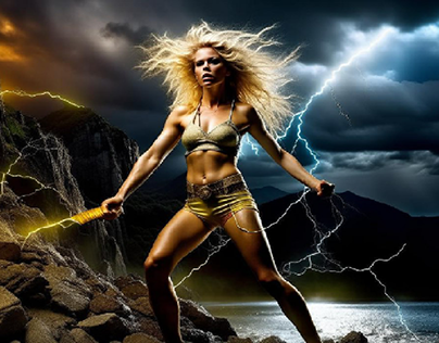 woman, thunderstorm, rock