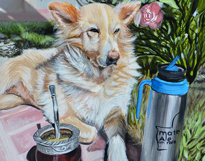 Acrylic painting on canvas of lying dog