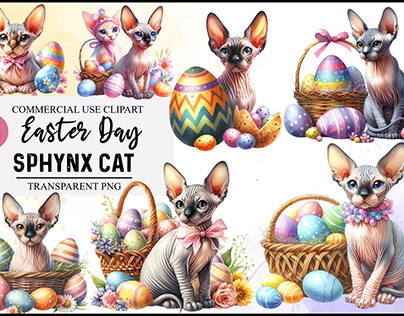 Watercolor easter day Sphynx Cat Clipart