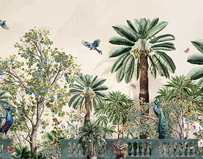 Landscape garden of trees flowers palms parrot peacock