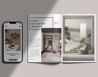 Free Download A4 Magazine and iPhone 13 Pro Max Mockup