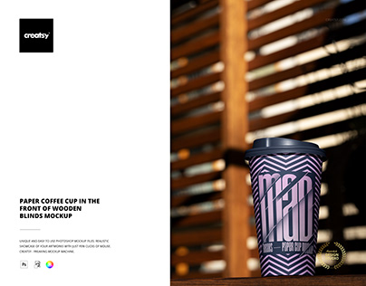 Paper Coffee Cup in the Front of Wooden Blinds Mockup