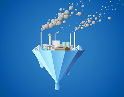 Industrial plants emit toxic fumes, melting icebergs.