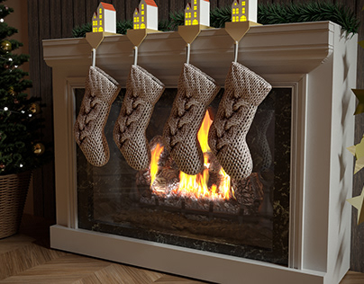 A cozy christmas fireplace with stockings for gifts