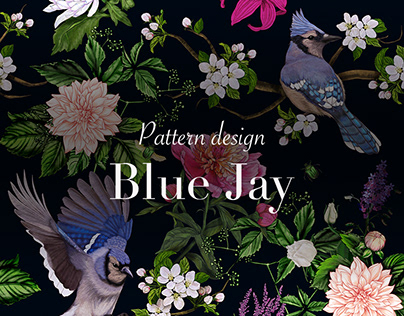 Blue jays in apple garden. Floral pattern for fabric.