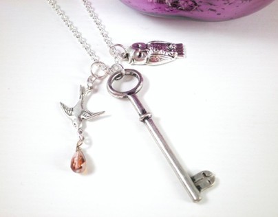 Charm Necklace Owl, Skeleton Key, and Soaring Swallow