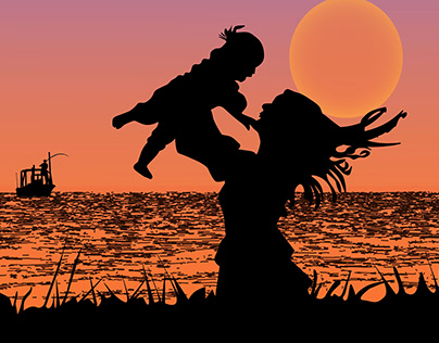 Vector Landscape Yallow Sunset Mother and Son Love
