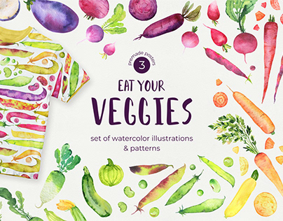 Eat your veggies. Watercolor illustrations and patterns