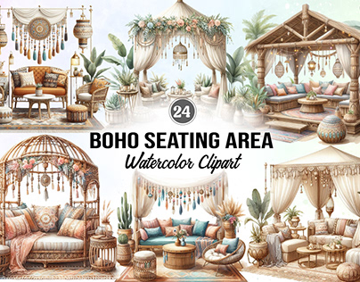 boho seating area Watercolor Clipart