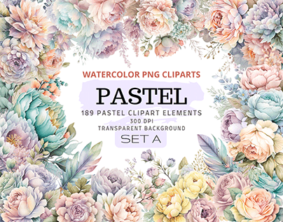 Pastel Watercolor Flowers Cliparts Bundle PNG Set A